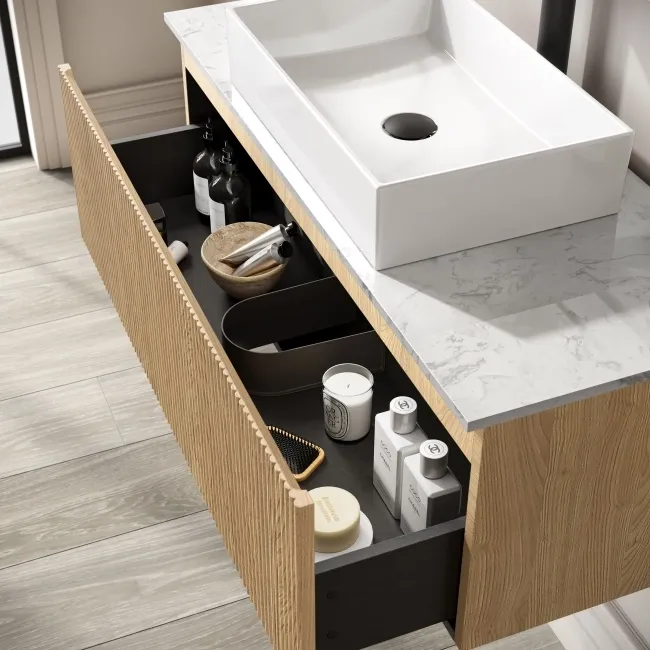 Malta Fluted Country Oak Wall Hung Drawer Vanity with Marble Top & Cody Basin 1000mm