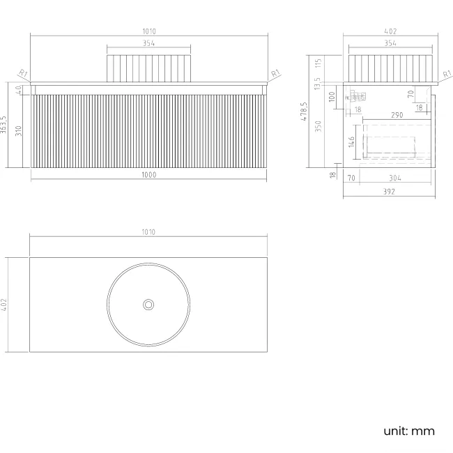 Malta Fluted Country Oak Wall Hung Drawer Vanity with Marble Top & Nevis Basin 1000mm