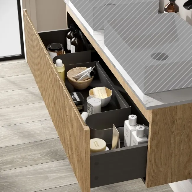 Malta Fluted Country Oak Double Wall Hung Drawer Vanity with Marble Top 1200mm - Excludes Counter Top Basin