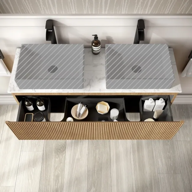 Malta Fluted Country Oak Double Wall Hung Drawer Vanity with Marble Top 1200mm - Excludes Counter Top Basin