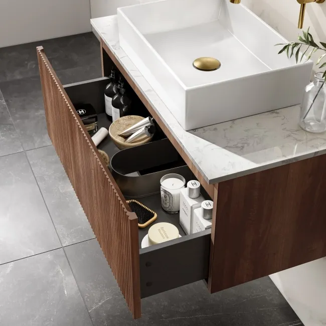 Malta Fluted Black Walnut Wall Hung Drawer Vanity with Marble Top & Cody Basin 800mm