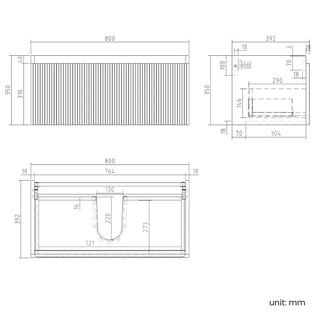 Malta Fluted Black Walnut Wall Hung Drawer Vanity with Marble Top & Nevis Basin 800mm