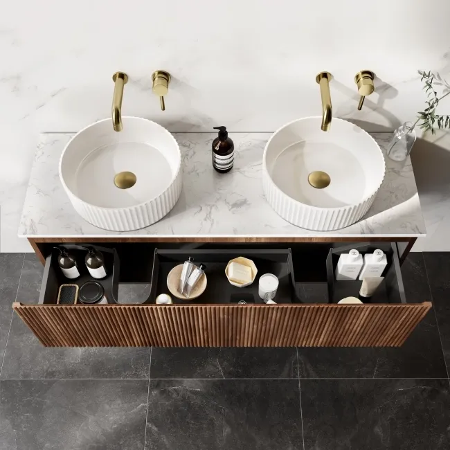 Malta Fluted Black Walnut Double Wall Hung Drawer Vanity with Marble Top & Nevis Basin 1200mm