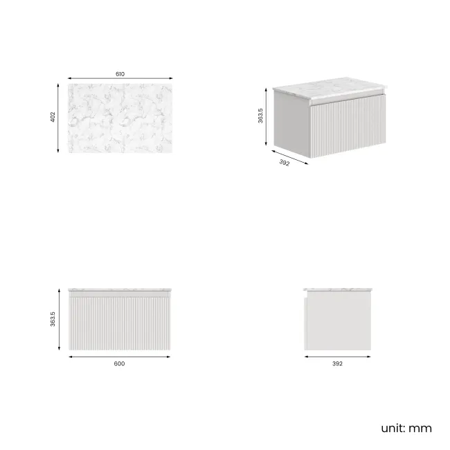 Malta Fluted Coastal White Wall Hung Drawer Vanity with Marble Top 600mm - Excludes Counter Top Basin