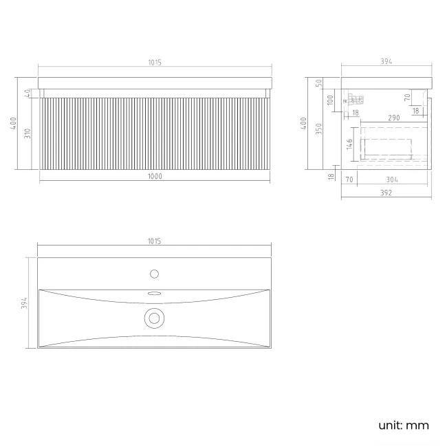 Malta Fluted Coastal White Wall Hung Basin Drawer Vanity 1000mm
