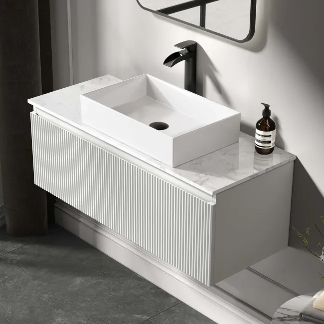 Malta Fluted Coastal White Wall Hung Drawer Vanity with Marble Top & Cody Basin 1000mm