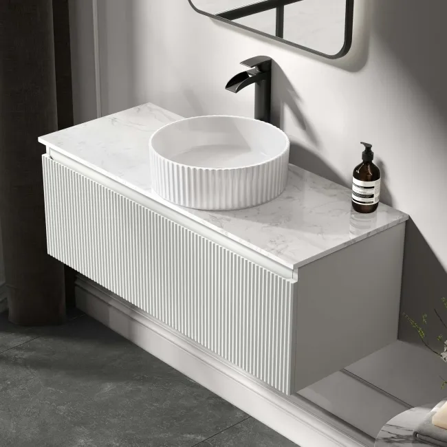 Malta Fluted Coastal White Wall Hung Drawer Vanity with Marble Top & Nevis Basin 1000mm