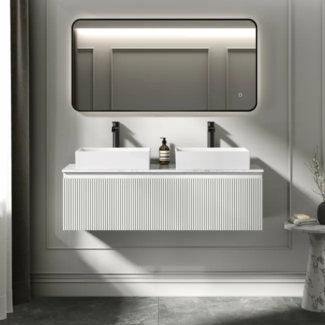 Malta Fluted Coastal White Double Wall Hung Drawer Vanity with Marble Top & Cody Basin 1200mm