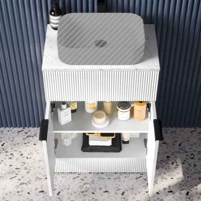 Havana Fluted Coastal White Cabinet with Marble Top 600mm (Excludes Counter Top Basin) - Black Accents