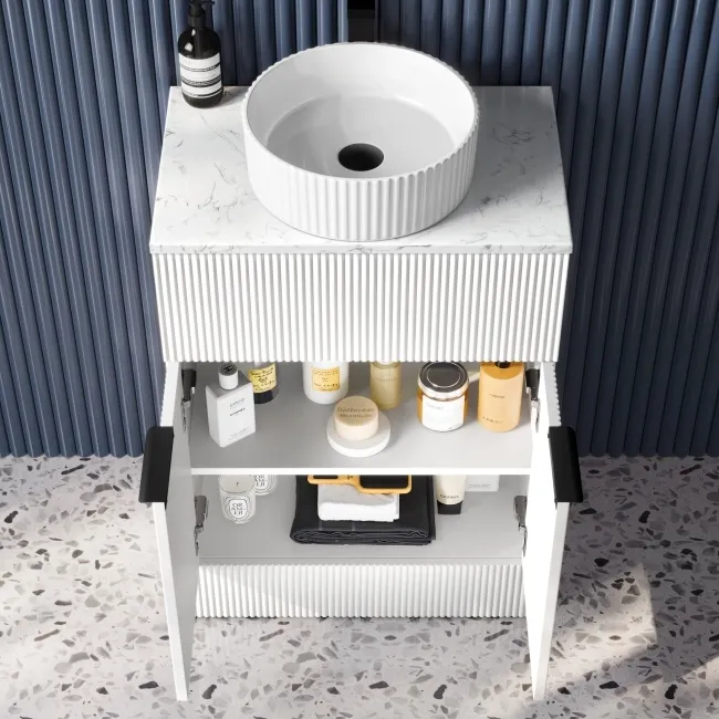 Havana Fluted Coastal White Cabinet with Marble Top & Nevis Basin 600mm - Black Accents