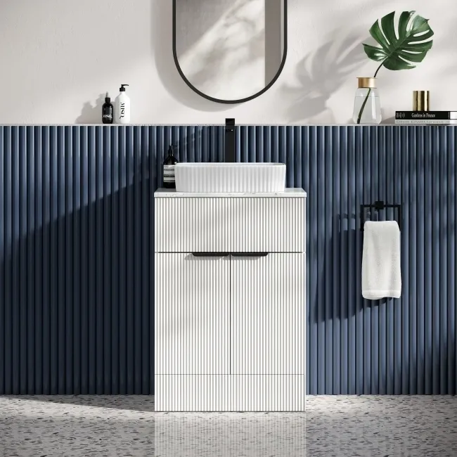 Havana Fluted Coastal White Cabinet with Marble Top & Reno Basin 600mm - Black Accents