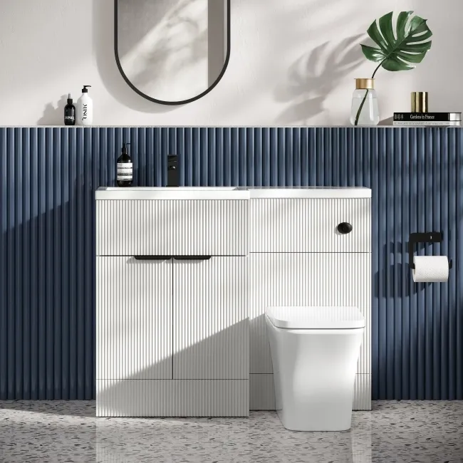 Havana Fluted Coastal White Combination Vanity Basin and Houston Toilet 1100mm - Black Accents - Left Handed