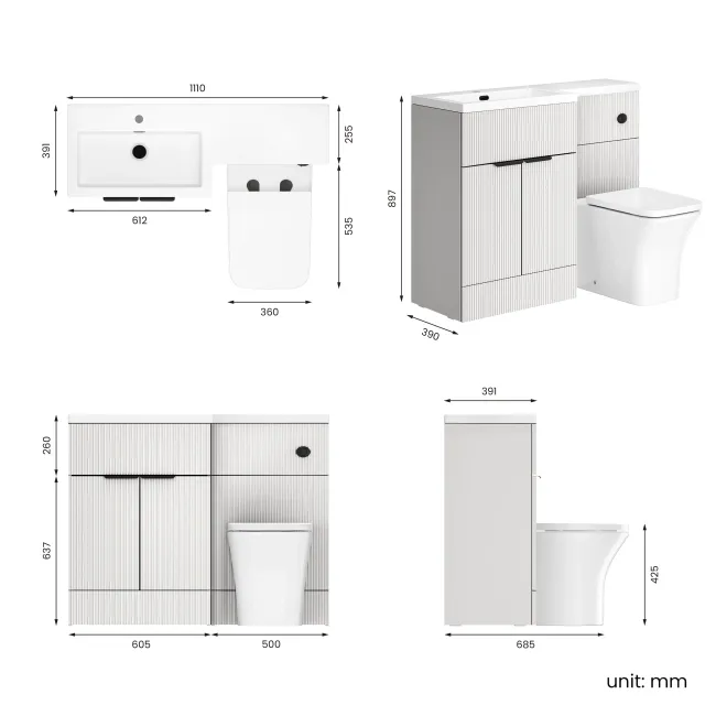 Havana Fluted Coastal White Combination Vanity Basin and Houston Toilet 1100mm - Black Accents - Left Handed