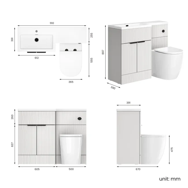 Havana Fluted Coastal White Combination Vanity Basin and Utah Comfort Height Toilet 1100mm - Black Accents - Left Handed