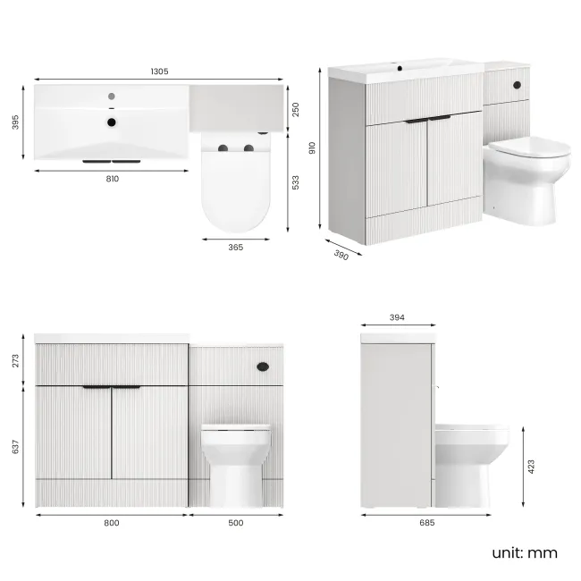 Havana Fluted Coastal White Combination Vanity Basin and Miami Toilet 1300mm - Black Accents