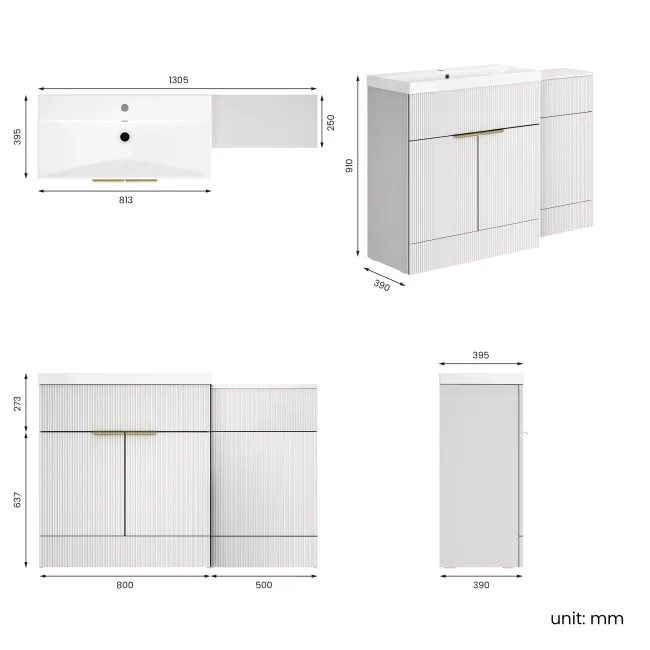 Havana Fluted Coastal White Basin Vanity and Back To Wall Toilet Unit 1300mm (Excludes Toilet) - Brushed Brass Accents