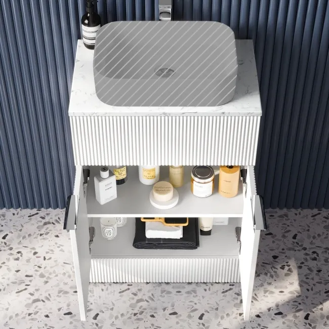 Havana Fluted Coastal White Cabinet with Marble Top 600mm (Excludes Counter Top Basin) - Chrome Handles