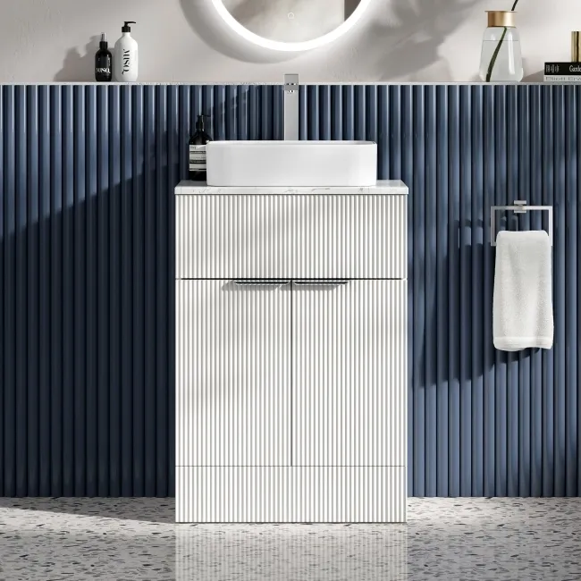 Havana Fluted Coastal White Cabinet with Marble Top & Marin Basin 600mm - Chrome Handles