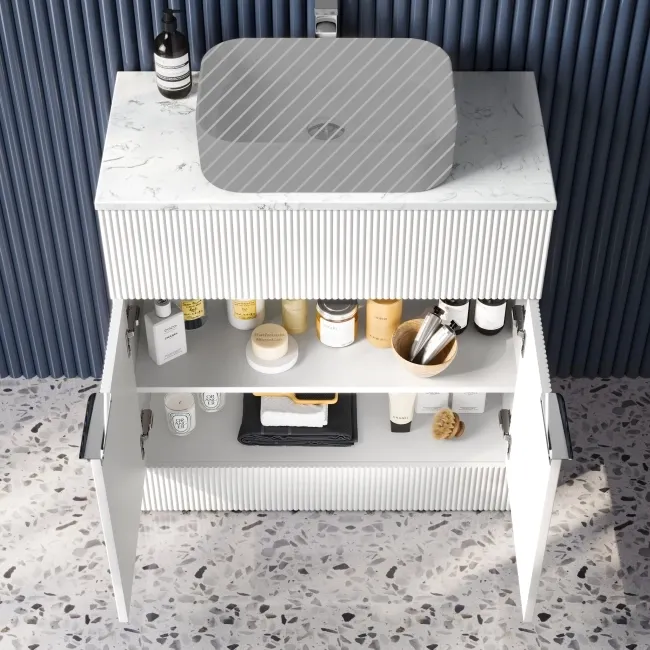 Havana Fluted Coastal White Cabinet with Marble Top 800mm (Excludes Counter Top Basin) - Chrome Handles
