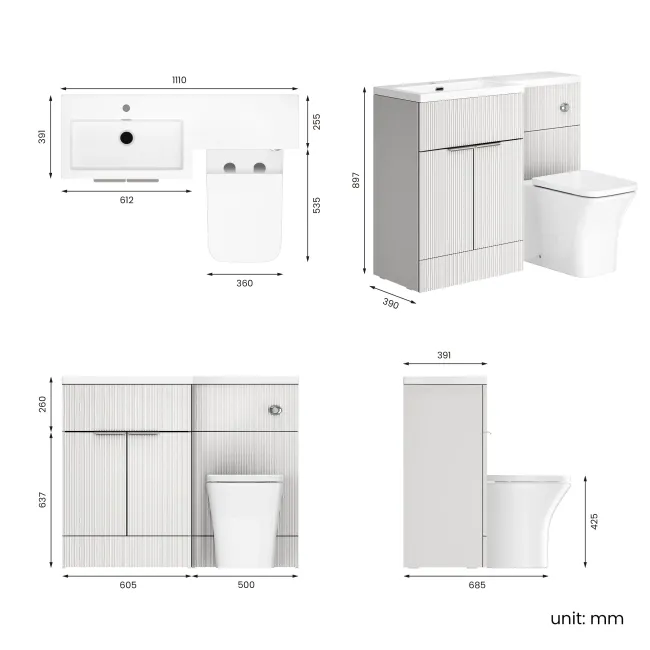 Havana Fluted Coastal White Combination Vanity Basin and Houston Toilet 1100mm - Chrome Handles - Left Handed