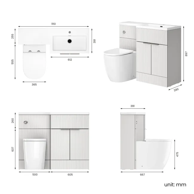 Havana Fluted Coastal White Combination Vanity Basin and Utah Comfort Height Toilet 1100mm - Chrome Handles - Right Handed