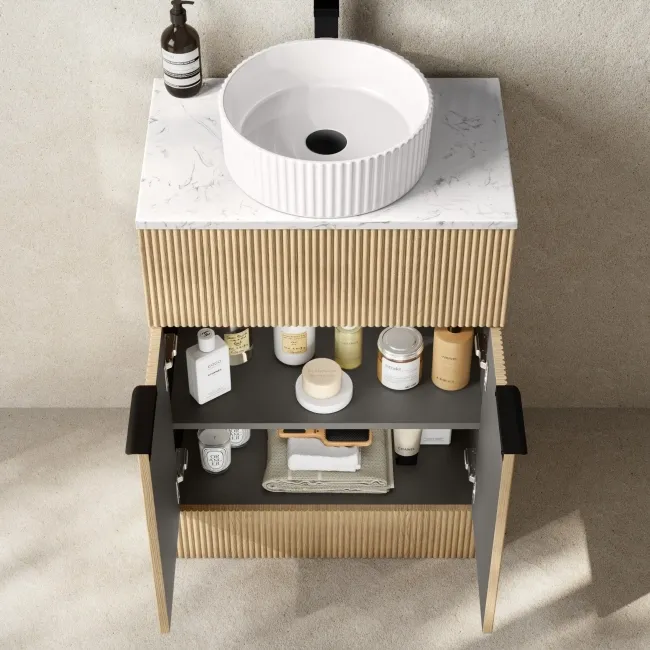 Havana Fluted Country Oak Cabinet with Marble Top & Nevis Basin 600mm - Black Accents