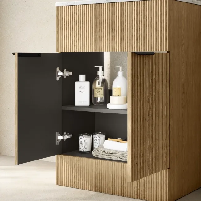 Havana Fluted Country Oak Cabinet with Marble Top & Nevis Basin 600mm - Black Accents