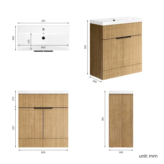 Havana Fluted Country Oak Basin Vanity 800mm - Black Accents