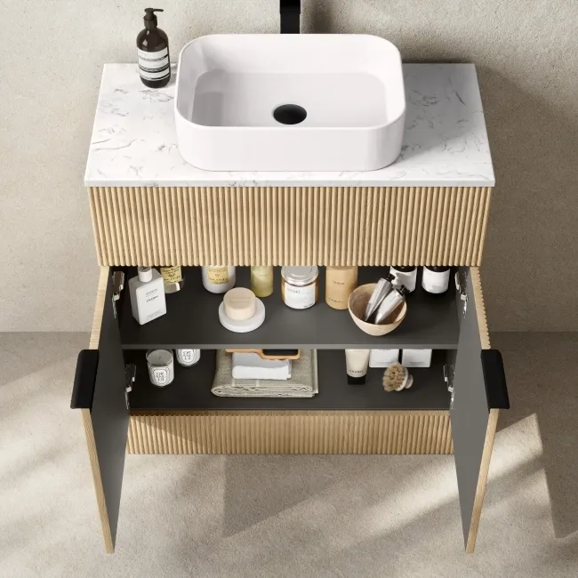 Havana Fluted Country Oak Cabinet with Marble Top & Marin Basin 800mm - Black Accents