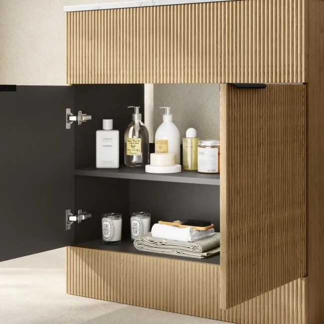 Havana Fluted Country Oak Cabinet with Marble Top & Marin Basin 800mm - Black Accents