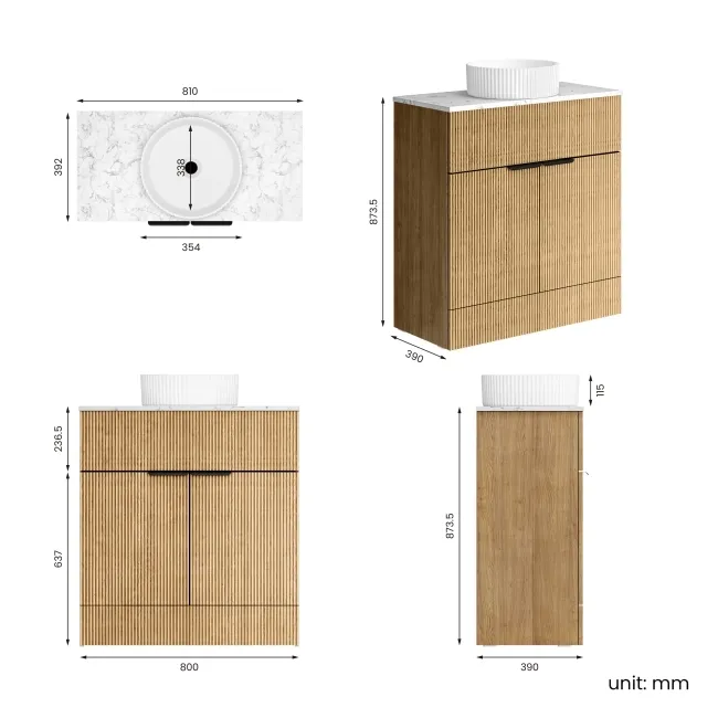 Havana Fluted Country Oak Cabinet with Marble Top & Nevis Basin 800mm - Black Accents