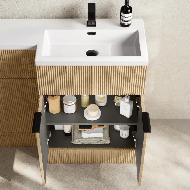 Havana Fluted Country Oak Combination Vanity Basin and Tucson Toilet 1100mm - Black Accents - Right Handed