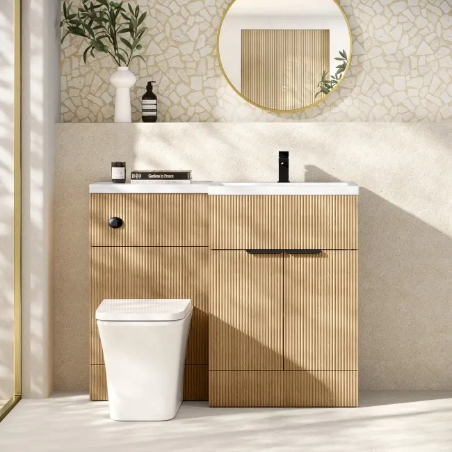 Havana Fluted Country Oak Combination Vanity Basin and Houston Toilet 1100mm - Black Accents - Right Handed