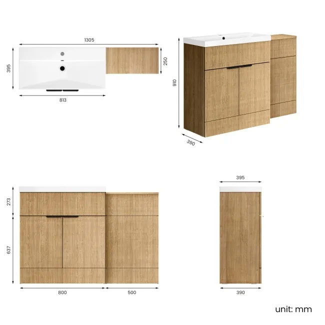 Havana Fluted Country Oak Basin Vanity and Back To Wall Toilet Unit 1300mm (Excludes Toilet) - Black Accents