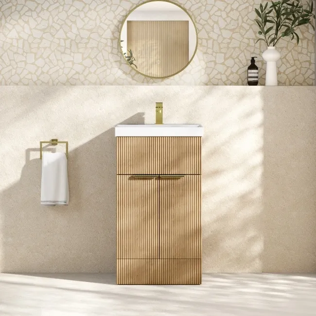 Havana Fluted Country Oak Basin Vanity 500mm - Brushed Brass Accents