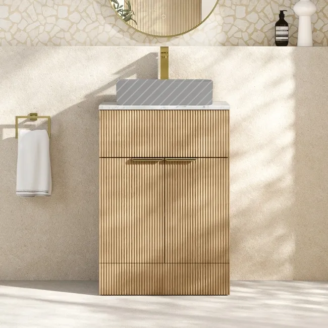 Havana Fluted Country Oak Cabinet with Marble Top 600mm (Excludes Counter Top Basin) - Brushed Brass Accents