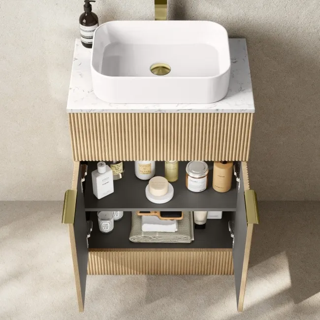 Havana Fluted Country Oak Cabinet with Marble Top & Marin Basin 600mm - Brushed Brass Accents