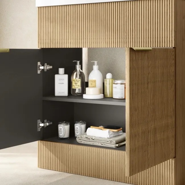 Havana Fluted Country Oak Basin Vanity 800mm - Brushed Brass Accents