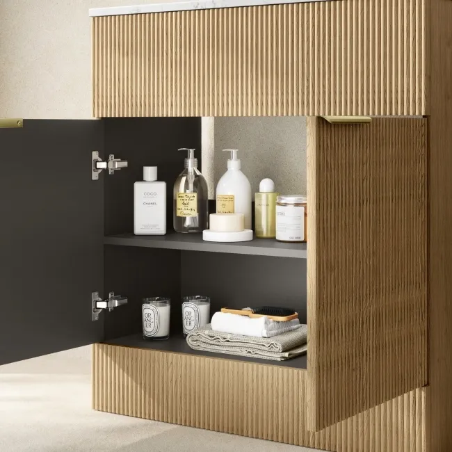 Havana Fluted Country Oak Cabinet with Marble Top & Marin Basin 800mm - Brushed Brass Accents