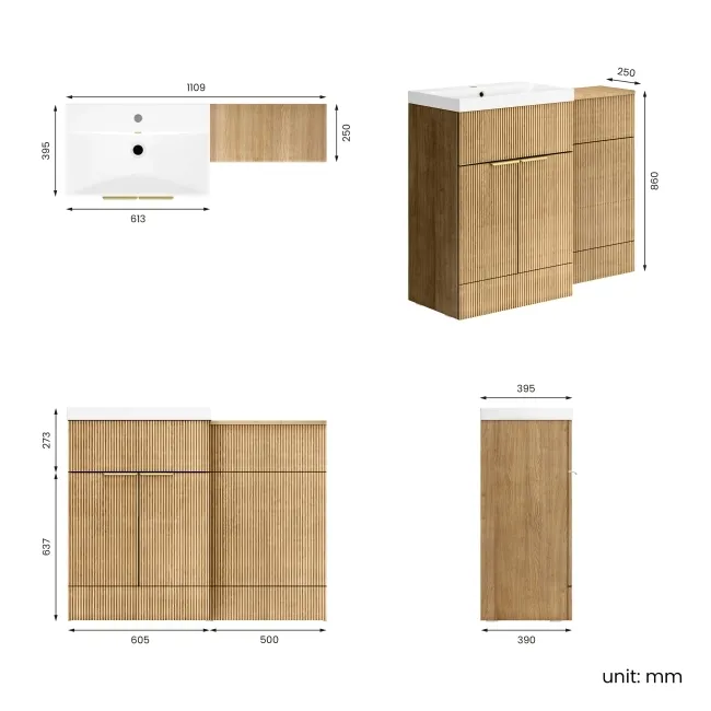 Havana Fluted Country Oak Basin Vanity and Back To Wall Toilet Unit 1100mm (Excludes Toilet) - Brushed Brass Accents