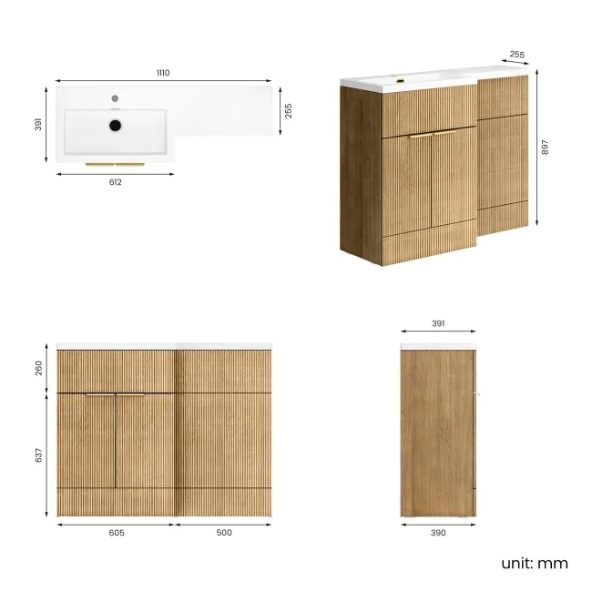 Havana Fluted Country Oak Basin Vanity and Back To Wall Toilet Unit 1100mm (Excludes Toilet) - Brushed Brass Accents - Left Handed