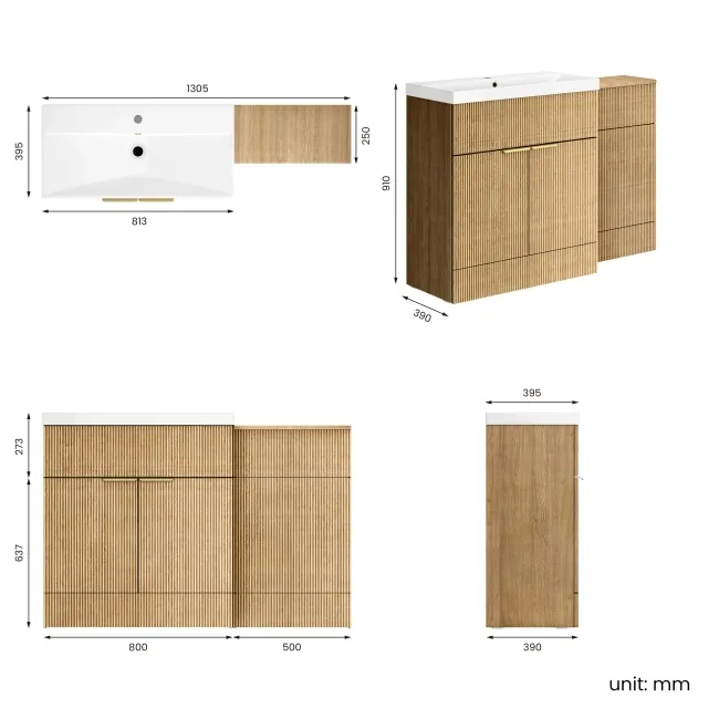 Havana Fluted Country Oak Basin Vanity and Back To Wall Toilet Unit 1300mm (Excludes Toilet) - Brushed Brass Accents