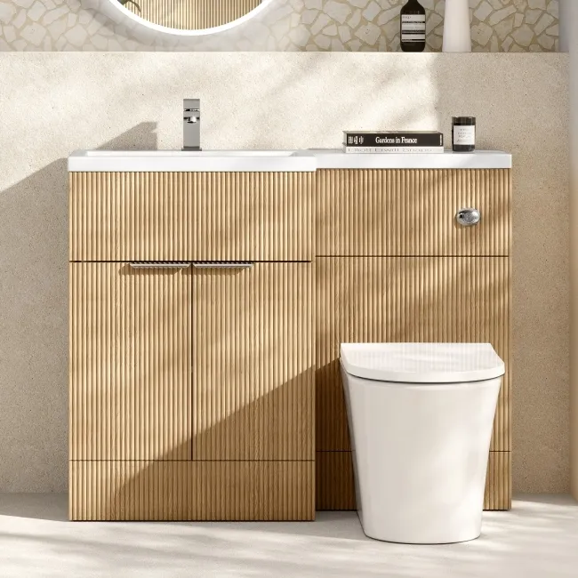 Havana Fluted Country Oak Combination Vanity Basin and Tucson Toilet 1100mm - Chrome Handles - Left Handed