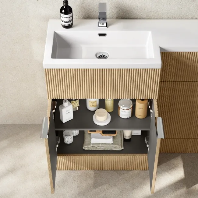 Havana Fluted Country Oak Combination Vanity Basin and Houston Toilet 1100mm - Chrome Handles - Left Handed