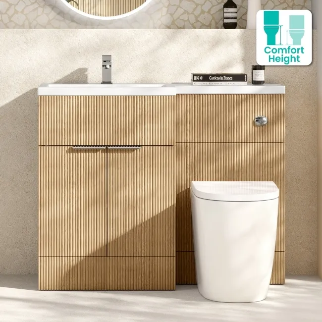 Havana Fluted Country Oak Combination Vanity Basin and Utah Comfort Height Toilet 1100mm - Chrome Handles - Left Handed
