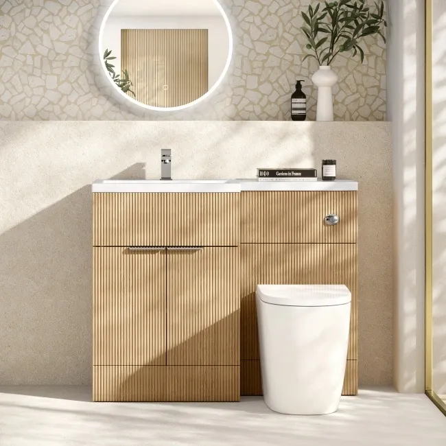 Havana Fluted Country Oak Combination Vanity Basin and Utah Comfort Height Toilet 1100mm - Chrome Handles - Left Handed