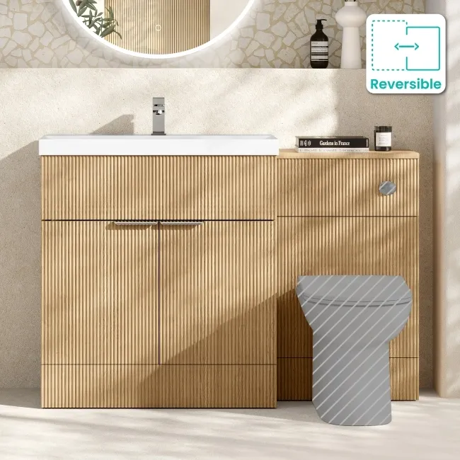 Havana Fluted Country Oak Basin Vanity and Back To Wall Toilet Unit 1300mm (Excludes Toilet) - Chrome Handles