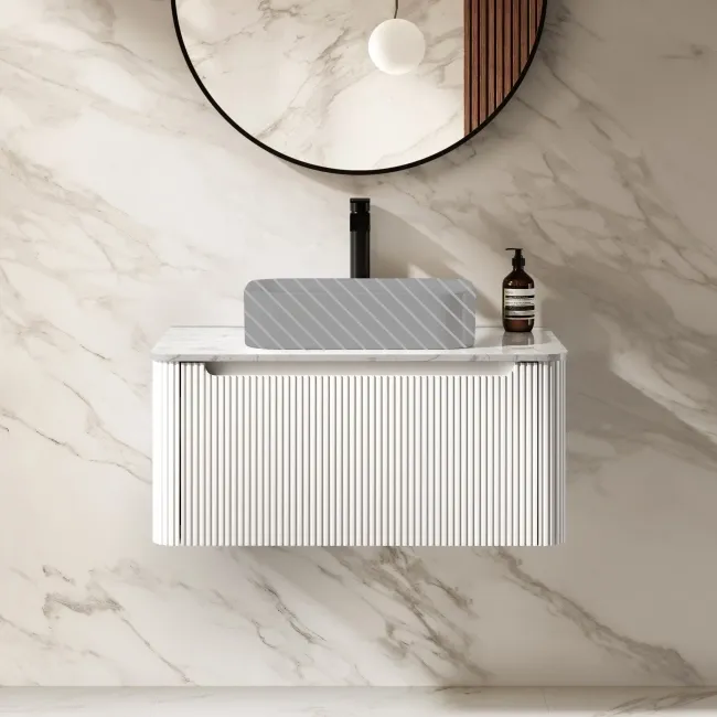 Sorrento Fluted Coastal White Wall Hung Drawer Vanity with Marble Top 800mm - Excludes Counter Top Basin