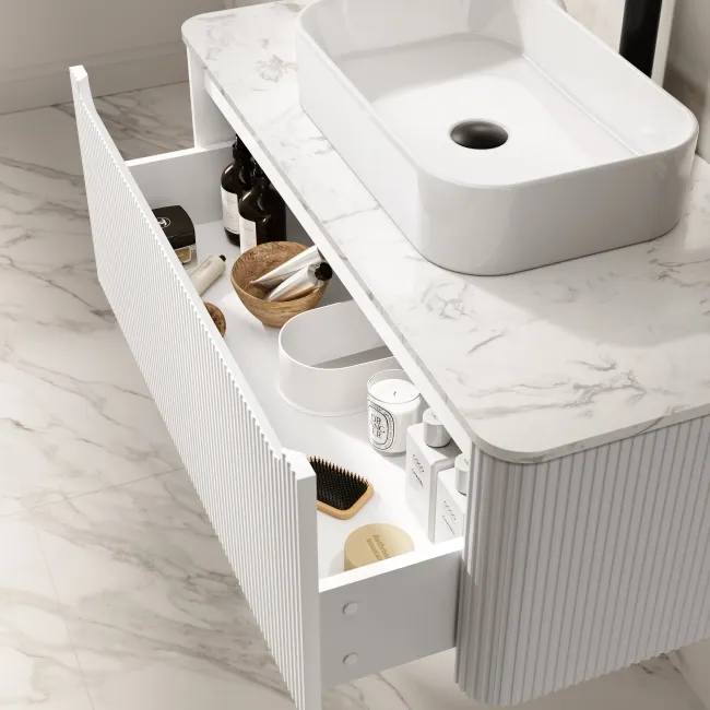 Sorrento Fluted Coastal White Wall Hung Drawer Vanity with Marble Top & Marin Basin 1000mm