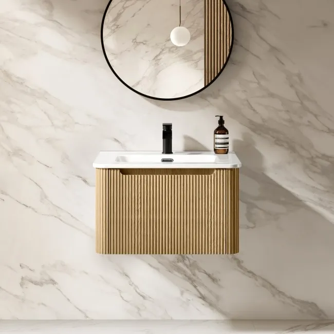 Sorrento Fluted Country Oak Wall Hung Basin Drawer Vanity 600mm